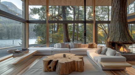 Natural wood tree stump coffee table near corner sofa. Room with panoramic windows and fireplace.