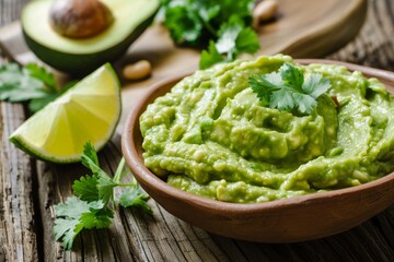 Obraz premium Avocado dip with cilantro and lime, vegetarian mexican food