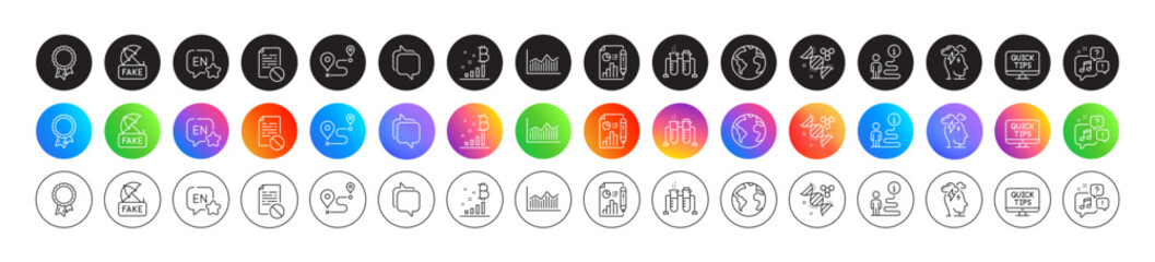 Web tutorials, World planet and Messenger line icons. Round icon gradient buttons. Pack of Journey, Fake news, Stress icon. Chemistry dna, Support, Chemistry beaker pictogram. Vector