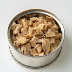 Fototapeta premium Medium shot of Canned food chopped straw mushrooms, isolated on a white background, 