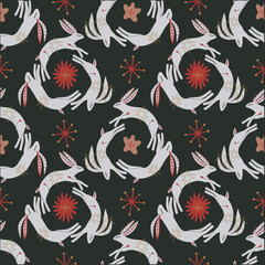 Cartoon rabbits whimsical seamless pattern art. Doodle stellar celestial cute astronomy and astrology characters background. Hand-drawn bohemian wrapping paper. Crescent magic boho mystical surface