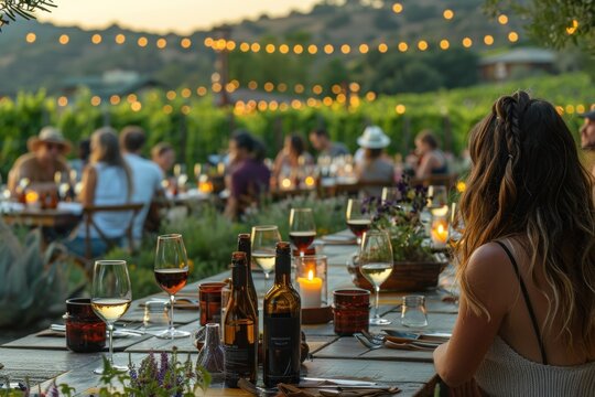Young wine festival with people seated at outdoor tables, tasting sessions, and scenic vineyard views