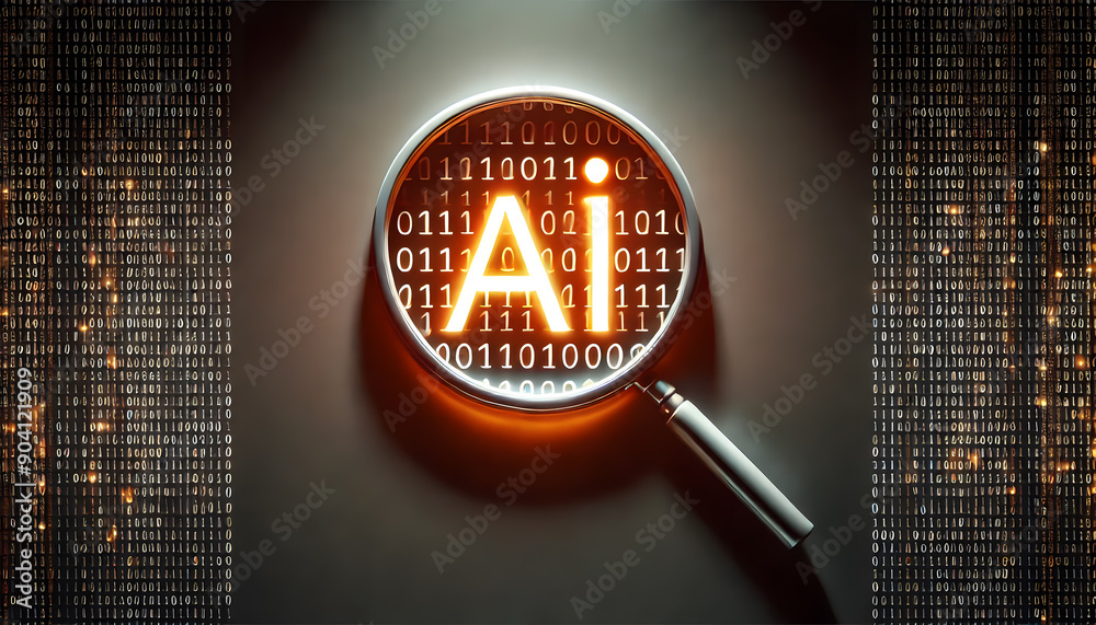 Poster magnifying glass examining binary code and digital data for security analysis and technology innovat