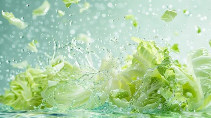 Freshy cabbage with water splash flying in the air isolated on black background, Vegetable washing