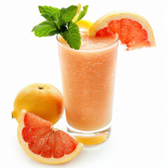 A tangy freshly pressed grapefruit smoothie with orange and lemon, garnished with grapefruit wedges and a mint sprig, isolated on white background.