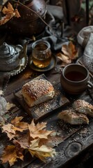 Autumn tea time with sesame bread and hot tea
