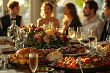 Business dinner with formal dining setup, professionals enjoying a meal and engaging in conversation