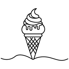 One single line drawing of fresh ice cream cone store logo graphic, vector illustration.