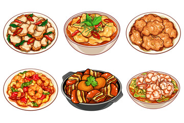 Thai food set menu icon vector. Thai basil pork belly (Krapow Moo Krob). Chicken panang curry. Garlic pepper pork steak. Shrimp stir fry sweet and sour. Braised pork belly and eggs. Thai kaeng som.
