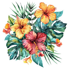 Fototapeta premium tropical, flowers, hibiscus, foliage, greenery, vibrant, illustration, watercolor, painting, lush, blooms, verdant, leaves, botanical, masterpiece, beauty, flora, bloom, delicate, petals, exotic, fabr
