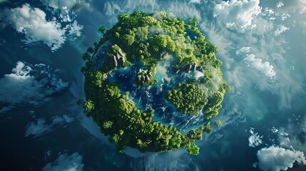 A stunning aerial view of a lush green planet surrounded by clouds and water, symbolizing nature and environmental beauty.