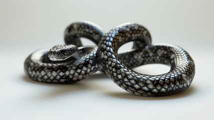 Fototapeta premium A black and white snake coiled in a circle on a white background. The snake's scales are visible and its eyes are closed.