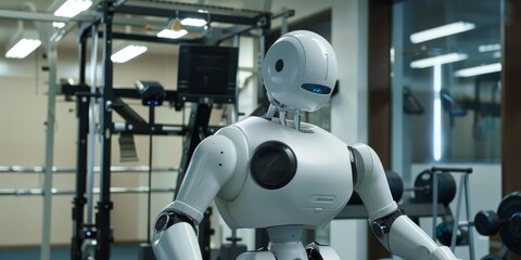 Fototapeta premium A fitness robot assisting with weightlifting exercises, emphasizing robotic assistance