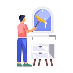 Flat illustration showing a person cleaning mirror with wiper 

