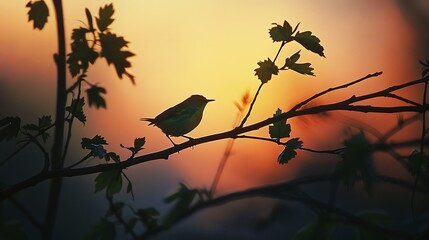 Obraz premium A green warbler can be heard chirping at sunset on a tree branch