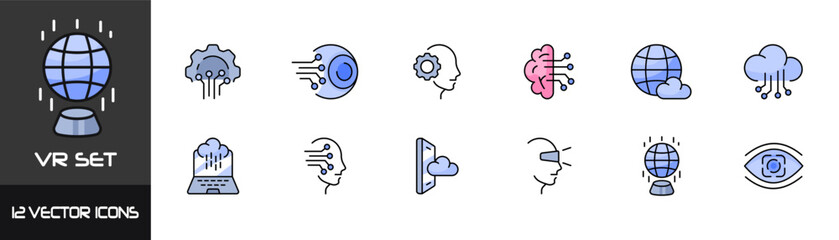 VR set icons. Flat style. Vector icons.