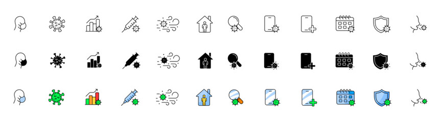 Virus set icons. Linear, silhouette and flat styles. Vector icons.