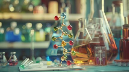 A colorful molecular model stands in a science laboratory, with beakers and flasks in the background.