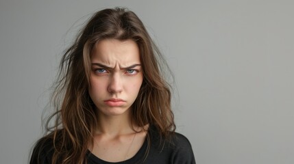 Fototapeta premium Young woman with an irritated expression standing against a solid studio background