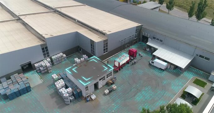 Tank truck on the territory of the chemical plant, top view. Chemical plant aerial view. Smart chemical plant. Smart chemical production