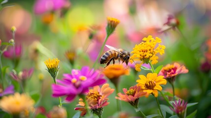 Vibrant Watercolor Bee Pollinating Flowers in Lush Garden Landscape