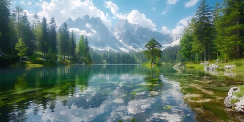 Naklejka premium Mountain Lake Scene with a Single Pine Tree in the Foreground, Realistic Image