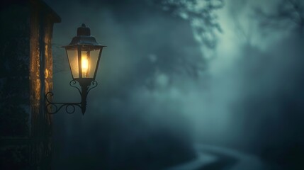 Foggy Night Street Lamp Illuminating Moody Winter Landscape