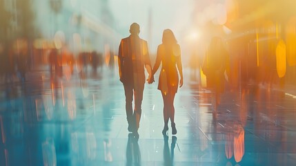 Obraz premium Couple Strolling Hand-in-Hand Under Umbrella on Rainy City Street at Sunset