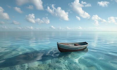 Naklejka premium Minimalist ocean scene, clear water with a single boat, serene and beautiful
