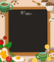 Restaurant menu wooden board with food illustration