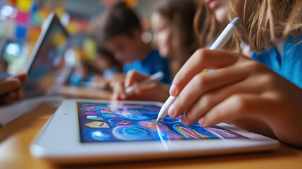 Fototapeta premium Classroom Learning Scene Featuring Child Using Tablet And Stylus For Interactive Education And Skill Development