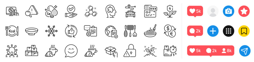 Journey, Coffee break and Pasta dish line icons pack. Social media icons. Mental conundrum, Wholesale goods, Attention web icon. Online voting, Selenium mineral, Hold box pictogram. Vector