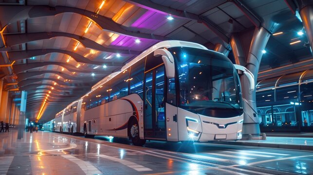 A modern bus terminal with AI-powered scheduling and passenger information systems, enhancing travel efficiency.