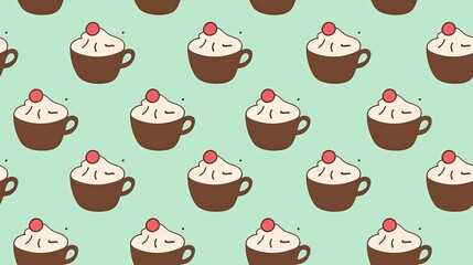 Cute pastel light green background with a small doodle cake and coffee pattern