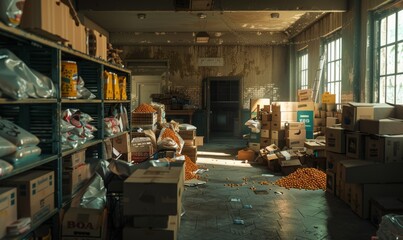 Scene of a food bank, capturing the ongoing struggle against hunger and poverty in communities