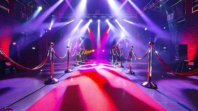 Animation of glowing lights and red carpet. Grand opening ceremony presentation artists celebrities,actors,singers Music, entertainment, light, color, pattern and movement concept digitally generated 