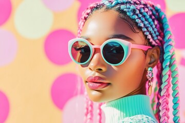 portrait of a young black woman with pastel color braids, polka dot background, sun glasses, retro futuristic