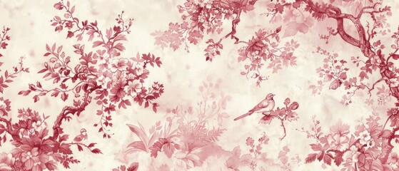 Fototapeta premium Delicate Red Floral Pattern with Watercolor Texture