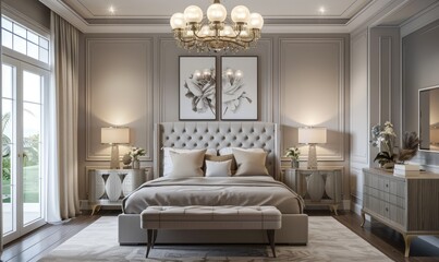 Serene master bedroom with calming colors and elegant furnishings