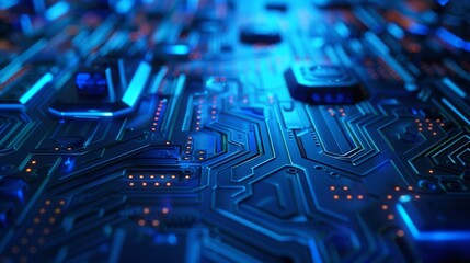 Close-up image of a blue circuit board with glowing components, capturing the essence of modern technology.
