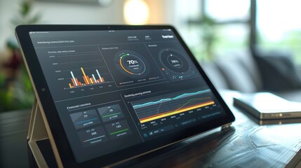 A modern home energy management dashboard on a smart tablet, showing real-time energy consumption and savings.
