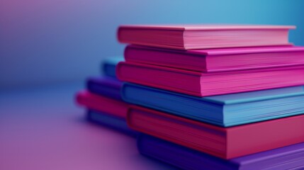 A stack of colorful books against a vibrant gradient background.