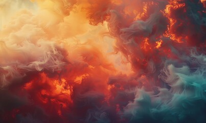 Fototapeta premium Smoke from a distant fire transforms into swirling cloud-like shapes, tinged with orange and red