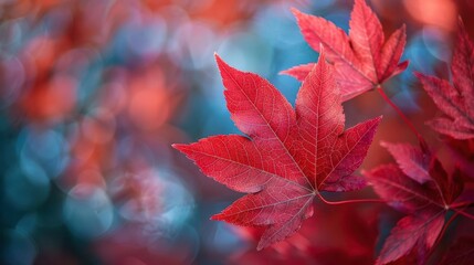 Detailed red maple leaves in autumn, botanical background close up, natural detail, vibrant, double exposure, suburban park, copy space for text
