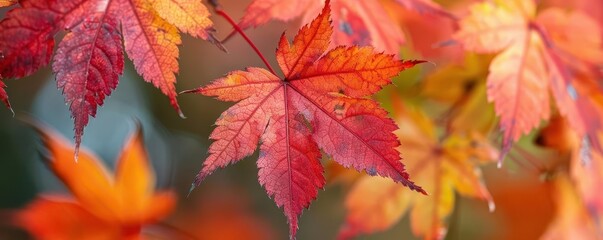 Detailed view of red maple leaves, botanical background close up, autumn colors, vibrant, fusion, backyard, copy space for text