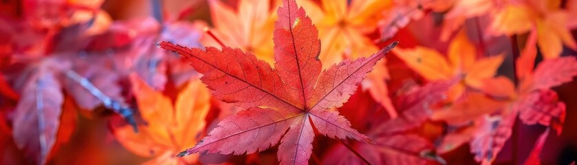 Fototapeta premium Detailed view of red maple leaves, botanical background close up, autumn colors, vibrant, fusion, backyard, copy space for text