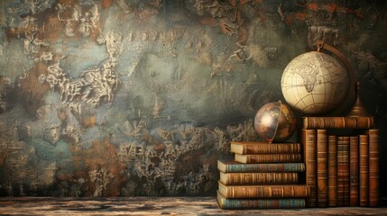 A vintage globe and stacked books rest against a textured wall, creating a sense of history and knowledge.