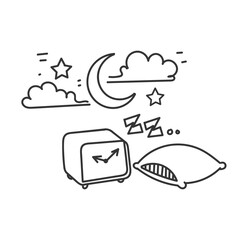 hand drawn doodle crescent and alarm clock star symbol from bedtime
