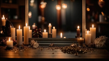 Candles and christmas decorations on wooden table in dark room.
