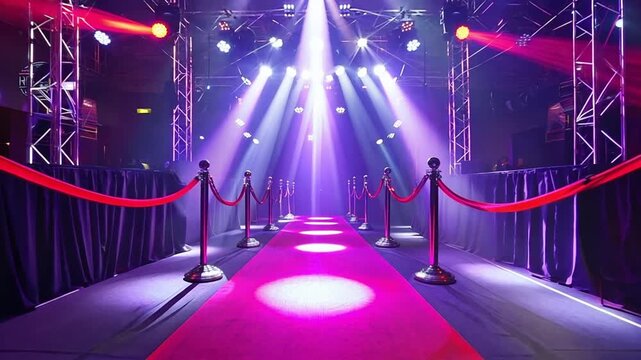 Animation of glowing lights and red carpet. Grand opening ceremony presentation artists celebrities,actors,singers Music, entertainment, light, color, pattern and movement concept digitally generated 